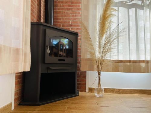 einen TV in einer Wand mit einer Vase neben einem Fenster in der Unterkunft Refugio en el Parque natural del Montseny 