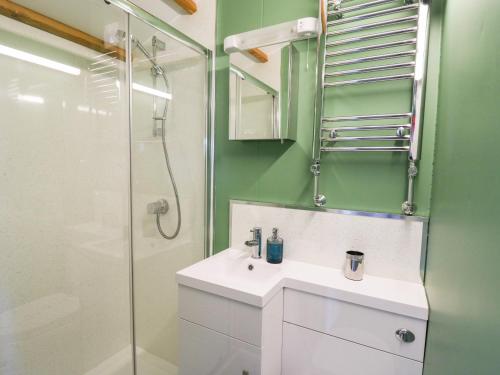 een badkamer met een witte wastafel en een douche bij Wild Acre in Llangadog