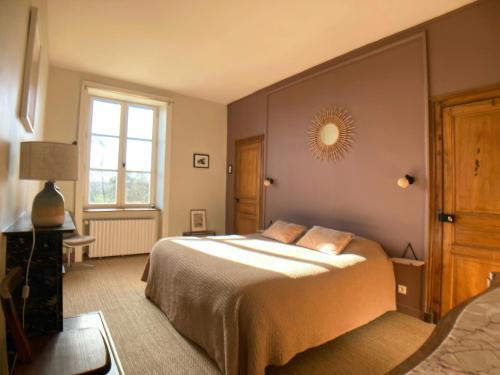 a bedroom with a bed and a mirror on the wall at Maison d'hôtes La Doucelle in Lignieres-Orgeres