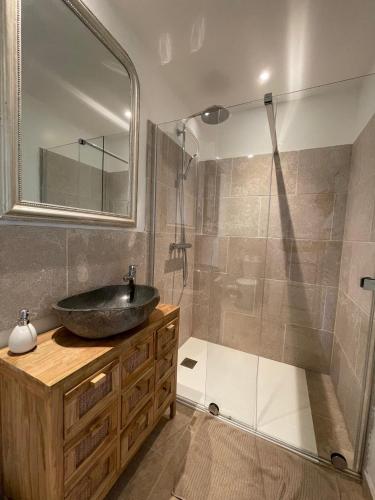 une salle de bain avec un lavabo et une douche dans l'établissement Les Crouquets La cabane SPA des Truffiers, à Jayac