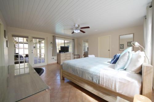1 dormitorio con 1 cama y ventilador de techo en Palm Beach Sunset Villa, en Noord