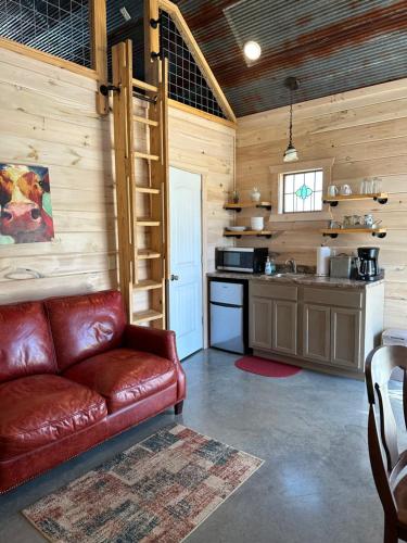 a living room with a couch and a kitchen at Knotty Squirrel Cabins in Mountain View