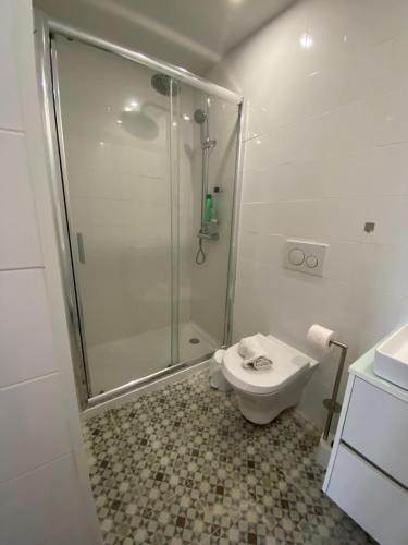 uma casa de banho branca com um chuveiro e um WC. em Sé do Porto no Porto