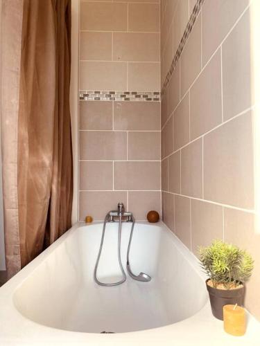 La salle de bains est pourvue d'une baignoire blanche avec une plante. dans l'établissement Proche Paris-Calme-Wifi-Netflix, à Villejuif