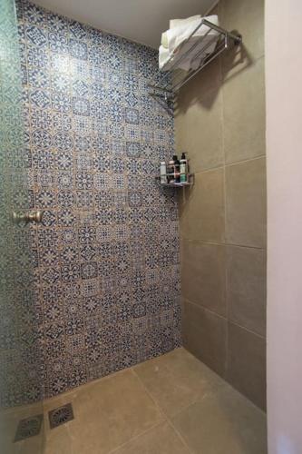 a bathroom with a shower with a tiled wall at Papa-Antonis Stone House in Zarós
