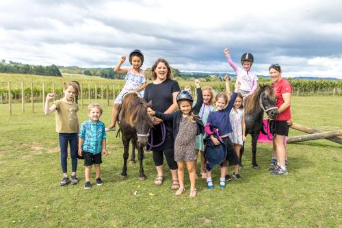 a group of children are posing for a picture with ponies at Cliff Top Cottage in Ohingaiti
