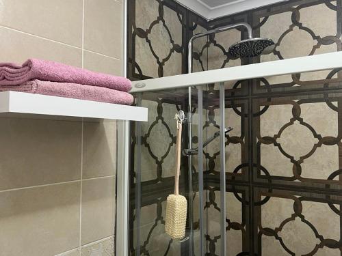a bathroom with a shower with purple towels on a rack at Prestige Apartment in Novi Sad