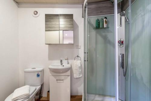 a bathroom with a toilet and a sink and a shower at Gawler Townhouses 1b in Gawler