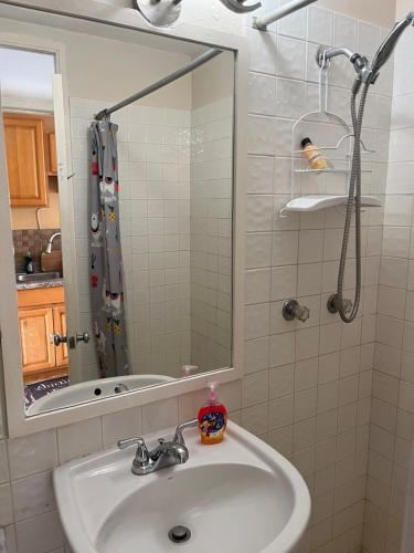 a bathroom with a sink and a mirror and a shower at Seacastles by the beach/pool in Montego Bay