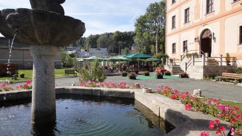 a fountain in front of a building with pink flowers at Hotel Garni Schloß Schönberg in Bad Brambach