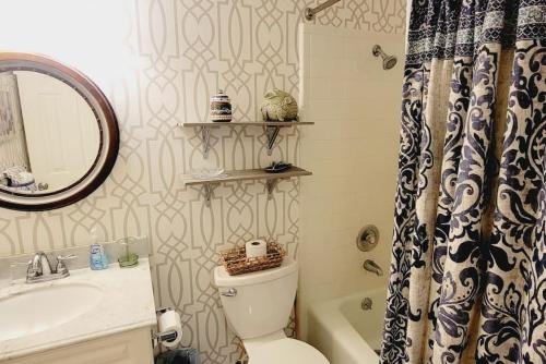 a bathroom with a toilet and a sink and a shower at E10 comfortable and neat 2 bedroom 2 bath in Saint Simons Island