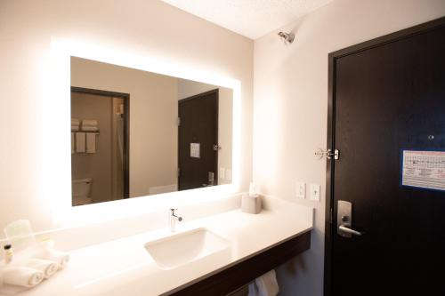 a bathroom with a sink and a large mirror at Holiday Inn Express Houghton-Keweenaw, an IHG Hotel in Houghton