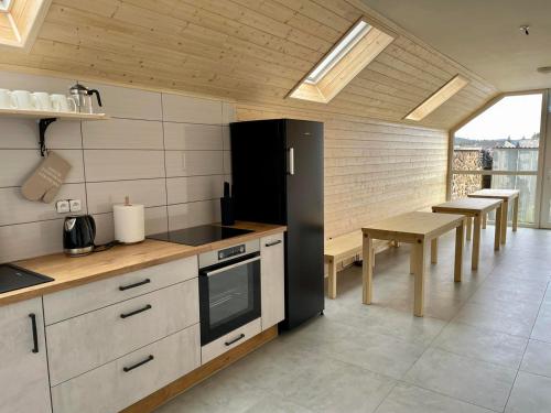 Lenora的住宿－Penzion Pod pecí，厨房配有黑色冰箱和桌子