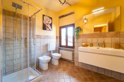y baño con aseo, lavabo y ducha. en Porta Soprana, en Dogliani