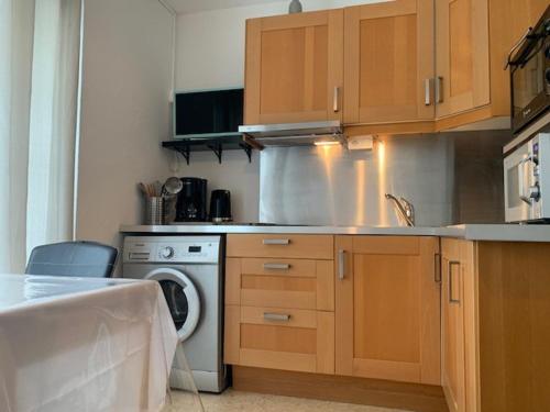 une cuisine avec un évier et un lave-vaisselle dans l'établissement Appartement cosy proche thermes à Balaruc-les-Bains, animaux admis - FR-1-503-92, à Balaruc-les-Bains