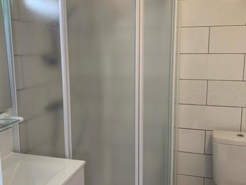 une salle de bain blanche avec douche et toilettes dans l'établissement Appartement proche des Thermes - parking et animaux admis - FR-1-503-39, à Balaruc-les-Bains