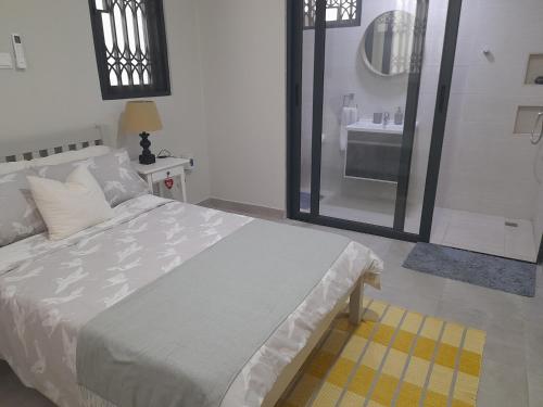 a bedroom with a large bed and a sink at Beautiful Home - 2 Double Rooms in Accra