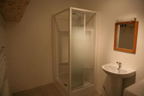a bathroom with a shower and a sink at Maison Marigoule - Perfect with kids & families in Mialet