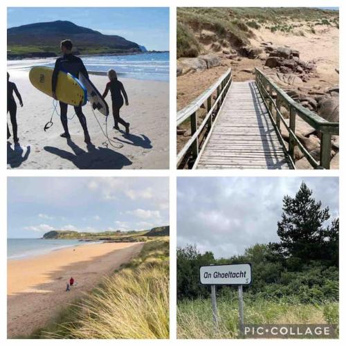 four pictures of a surfer walking on the beach with a surfboard at Stunning riverside cottage in central location in Donegal