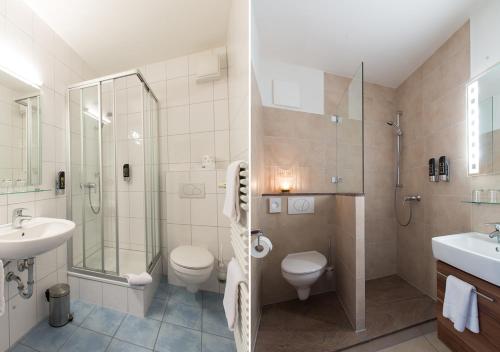 a bathroom with a shower and a toilet and a sink at ThälerHäusle in Furtwangen