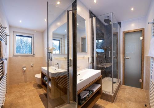 a bathroom with a sink and a shower and a toilet at ThälerHäusle in Furtwangen