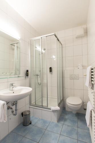 a bathroom with a shower and a sink and a toilet at ThälerHäusle in Furtwangen