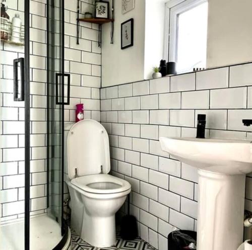 een badkamer met een toilet en een wastafel bij Killenard Kottage, Killenard, Laois in Killenard