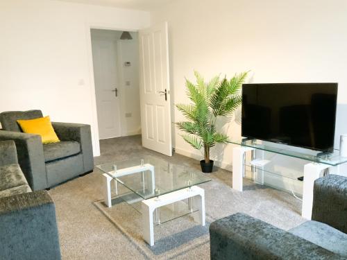 a living room with two couches and a flat screen tv at Arcaro house in Andover