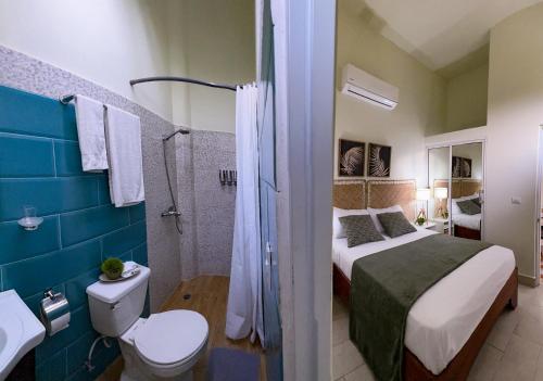 ein Bad mit einem Bett, einer Dusche und einem WC in der Unterkunft Residence Parque in Santo Domingo