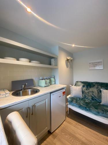 eine Küche mit einem Waschbecken und einem Sofa in einem Zimmer in der Unterkunft Baxters Apartments in Milford
