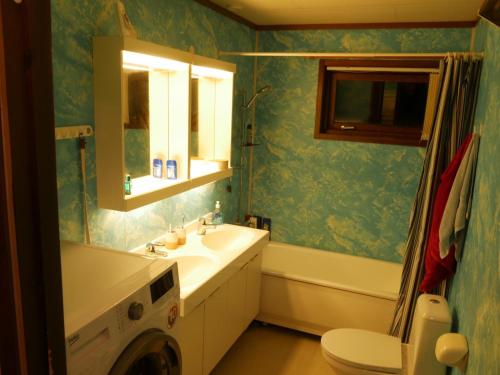 a bathroom with a sink and a washing machine at Iancu's Residence 
