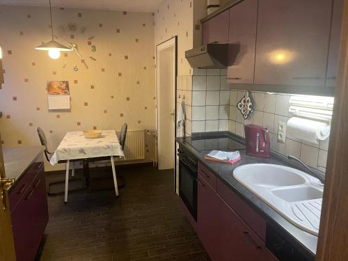 a small kitchen with a sink and a table with a table at Haus Wiesenblick in Walkenried