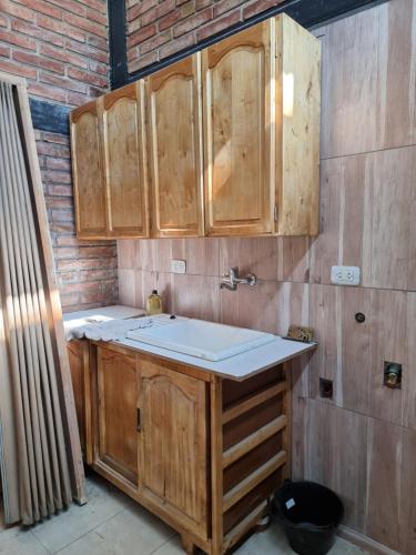 a kitchen with wooden cabinets and a sink at Casa Nina San Rafael in San Rafael
