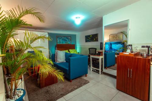 PALM Springs Bed & Breakfast في يمبي: غرفة معيشة مع أريكة زرقاء وطاولة