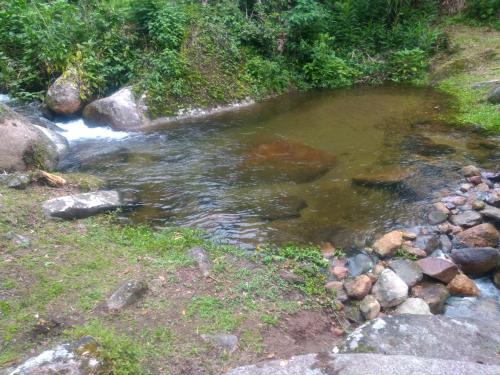a stream of water with rocks in a field at Chalés Vale dos Pássaros Refúgio nas montanhas in Paraty