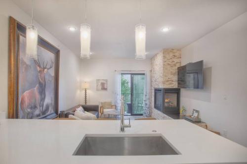 uma cozinha com um lavatório e uma sala de estar em Cozy- Mountain Style - River View apartment - Colorado em Silverthorne