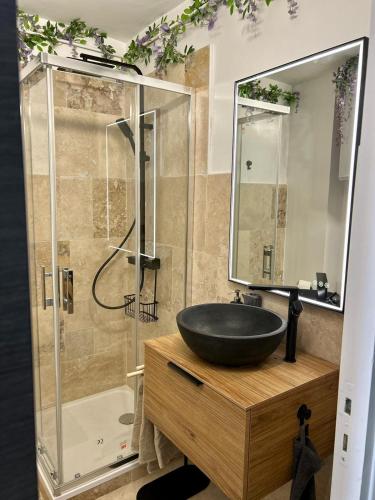 La salle de bains est pourvue d'un lavabo noir et d'une douche. dans l'établissement Coucher2Soleil, au Grau-du-Roi