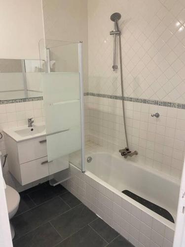 La salle de bains est pourvue d'une douche, d'une baignoire et d'un lavabo. dans l'établissement HeberGeneve : Vue sur le Jura, à Gex