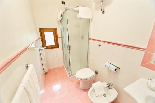 y baño con ducha, aseo y lavamanos. en HOTEL VULCI, en Montalto di Castro