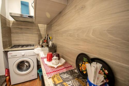 una pequeña cocina con lavadora y fregadero en Alloggio turistico Maria Paola, en Tarquinia