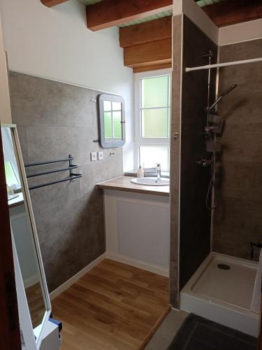 une salle de bain avec douche et lavabo dans l'établissement La Vallée, à Lacrouzette