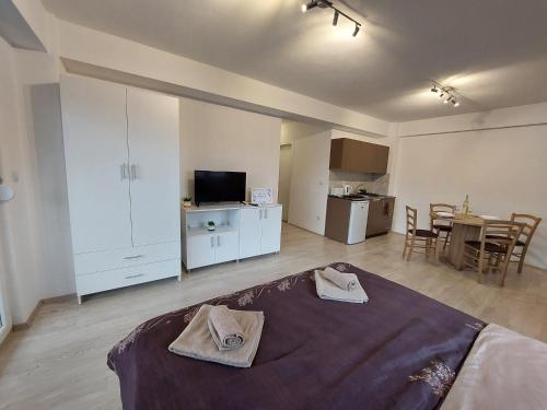 Cet appartement comprend une chambre avec un lit, une cuisine et une table. dans l'établissement Dzusy Apartments, à Ohrid