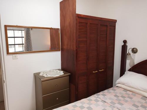 a bedroom with a bed and a dresser and a mirror at Lendal APT in Saint James