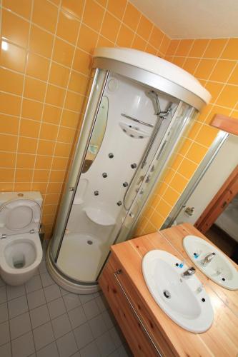 a bathroom with a sink and a shower and a toilet at Casa Branca do Porto in Cinco Ribeiras