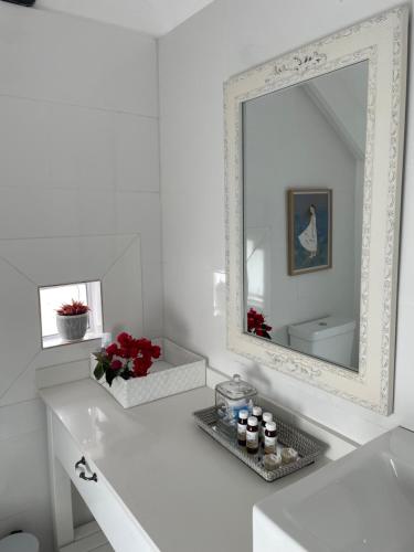 Baño blanco con espejo y lavabo blanco en Bougain Villa en Paternoster