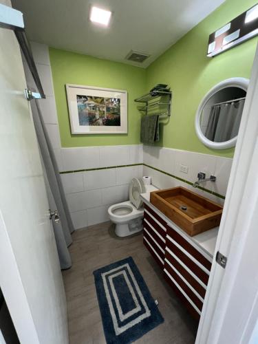 a bathroom with a toilet and a sink and a mirror at Sunny Villa in the Marina - Excellent Water Views in Jolly Harbour