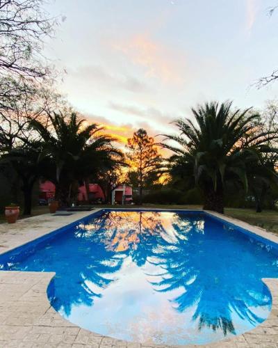 una piscina azul con palmeras y una puesta de sol en La carolina en Villa Las Rosas