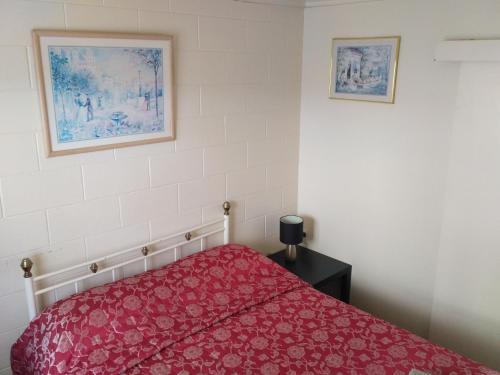 a bedroom with a bed with a red blanket at Amble Inn Motel in Levin