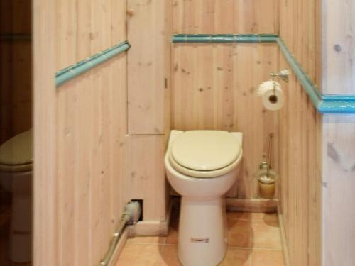 a bathroom with a toilet in a wooden wall at Holiday home NESØYA in Sandvika