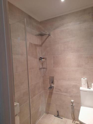 baño con ducha y puerta de cristal en Turkish Retreat, en Saadet